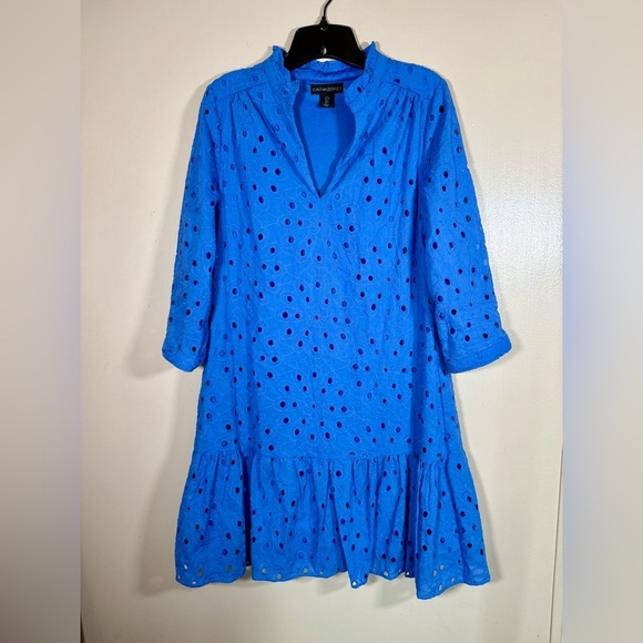 Cynthia Rowley Dresses & Skirts - Cynthia Rowley 3/4 Sleeve V-Neck Ruffle Bottom Blue Cotton Dress Size Small